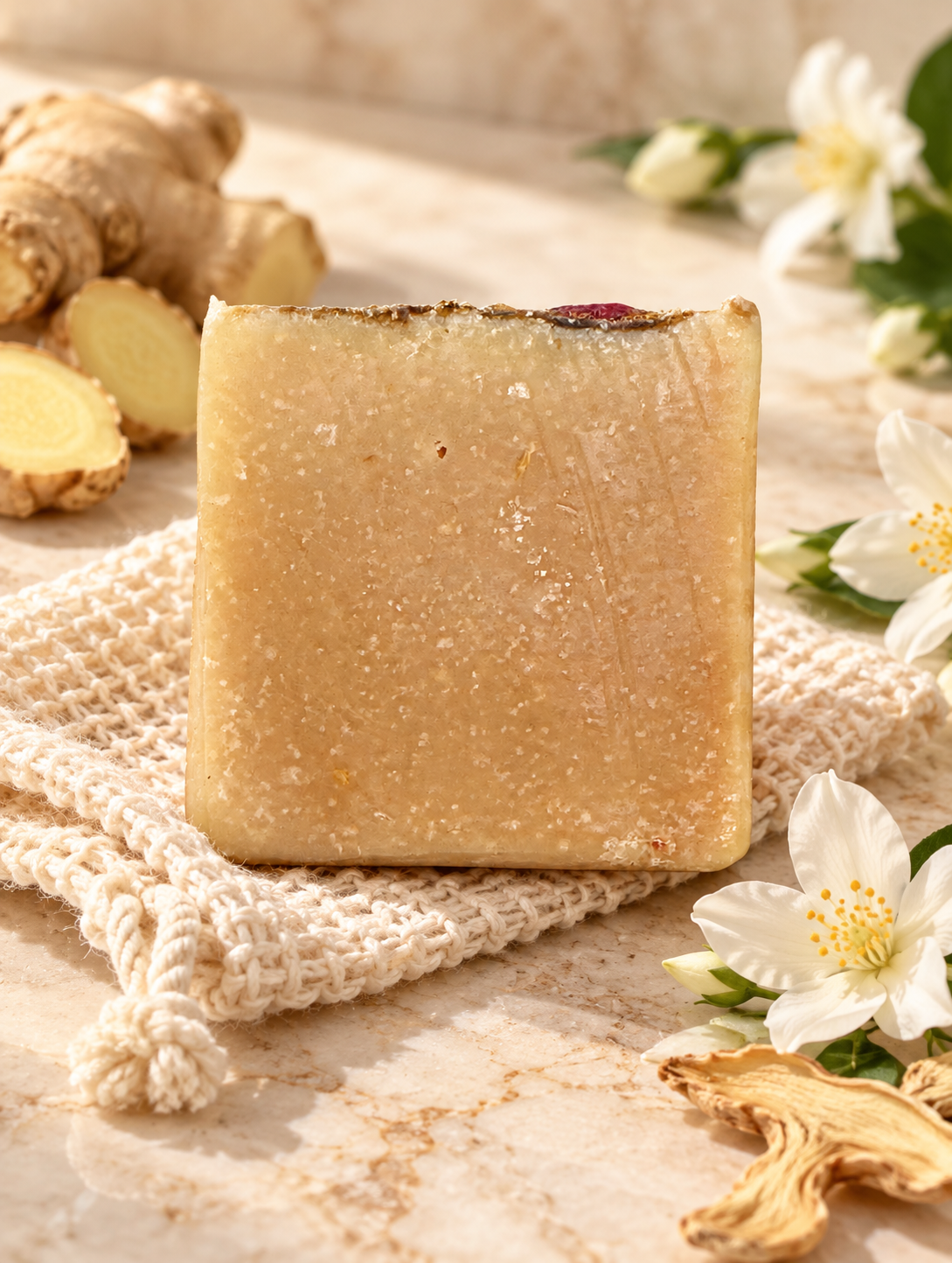 All That Jazz tallow ginger jasmine soap on travertine with woven soap saver