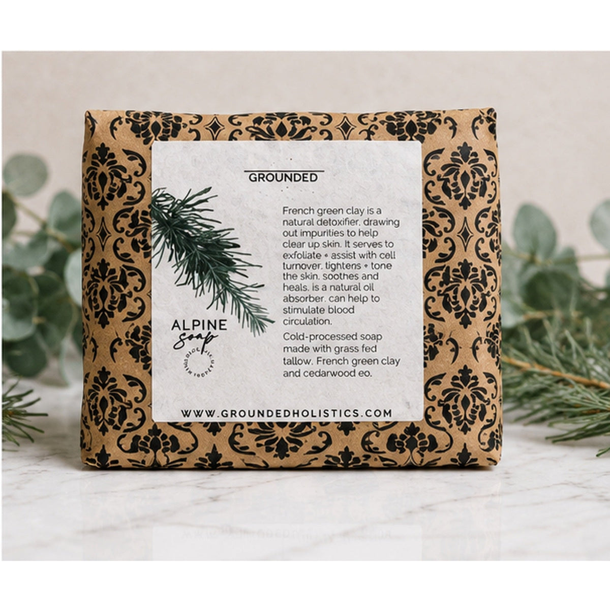 Grounded Alpine soap wrapped retail packaging