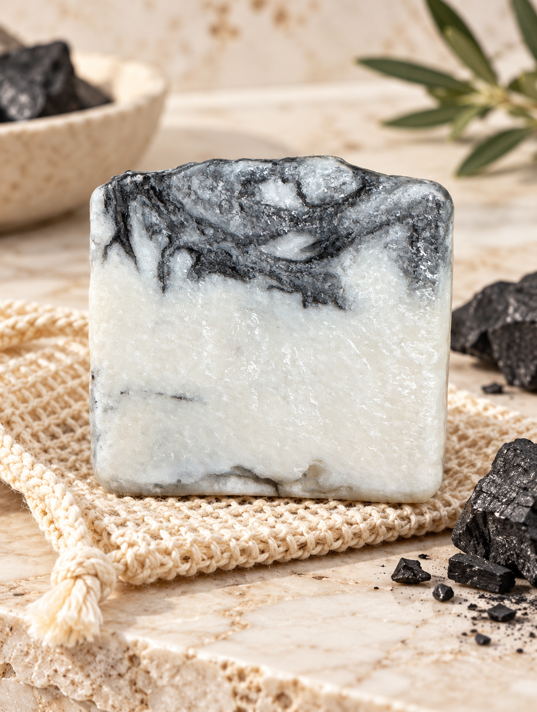 Deep Clean tallow charcoal soap on travertine with woven soap saver