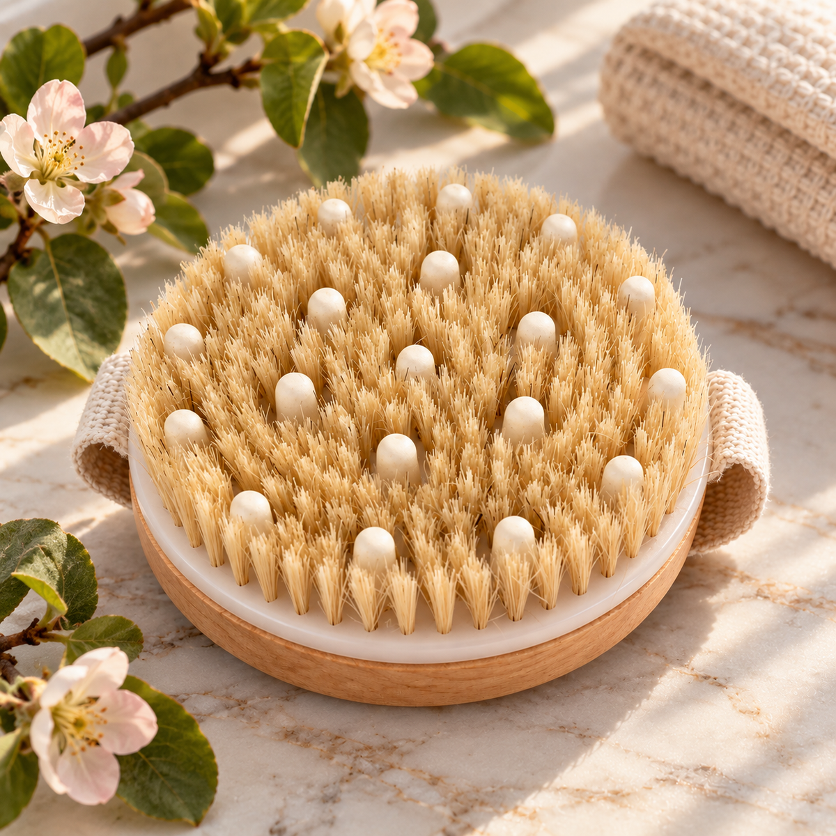 Natural bristle dry body brush with wooden base styled with quince branches