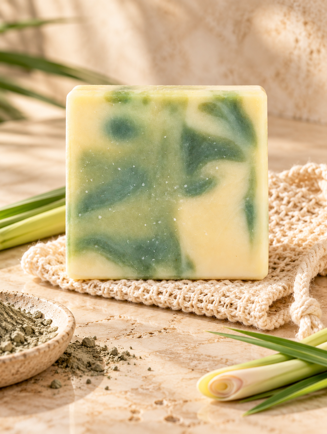 Grounded Spirit tallow French green clay lemongrass soap on travertine with woven soap saver