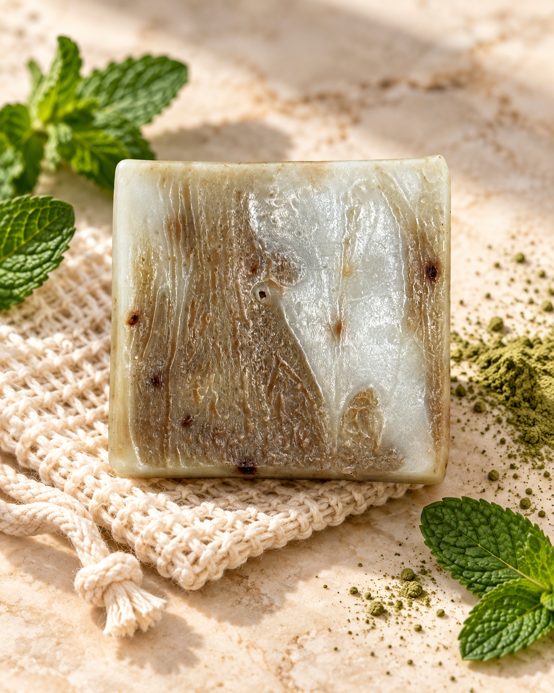Matcha Mint tallow matcha peppermint soap on travertine with woven soap saver