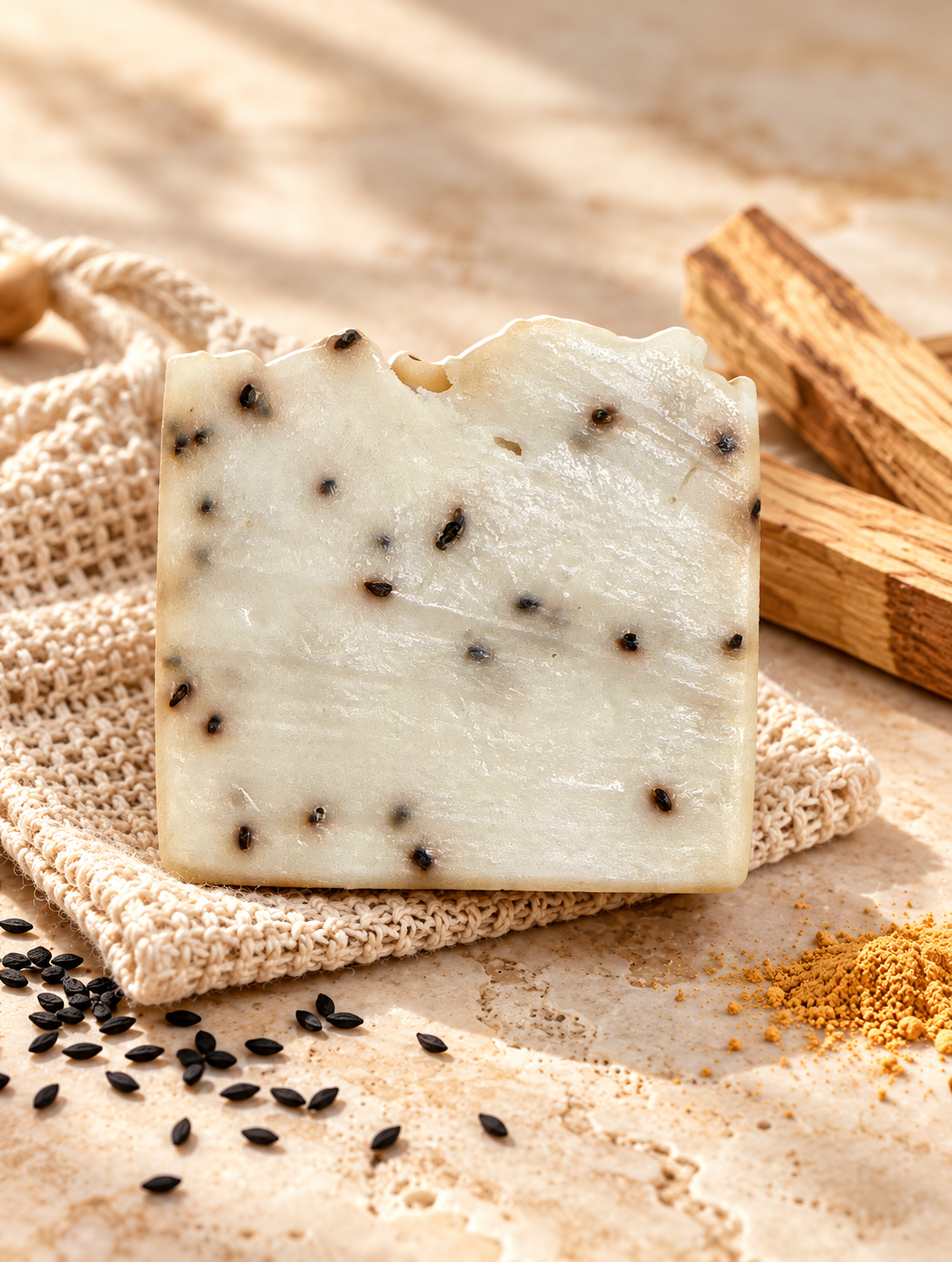 Palo Santo Sacred Fusion tallow Palo Santo black cumin soap on travertine with woven soap saver