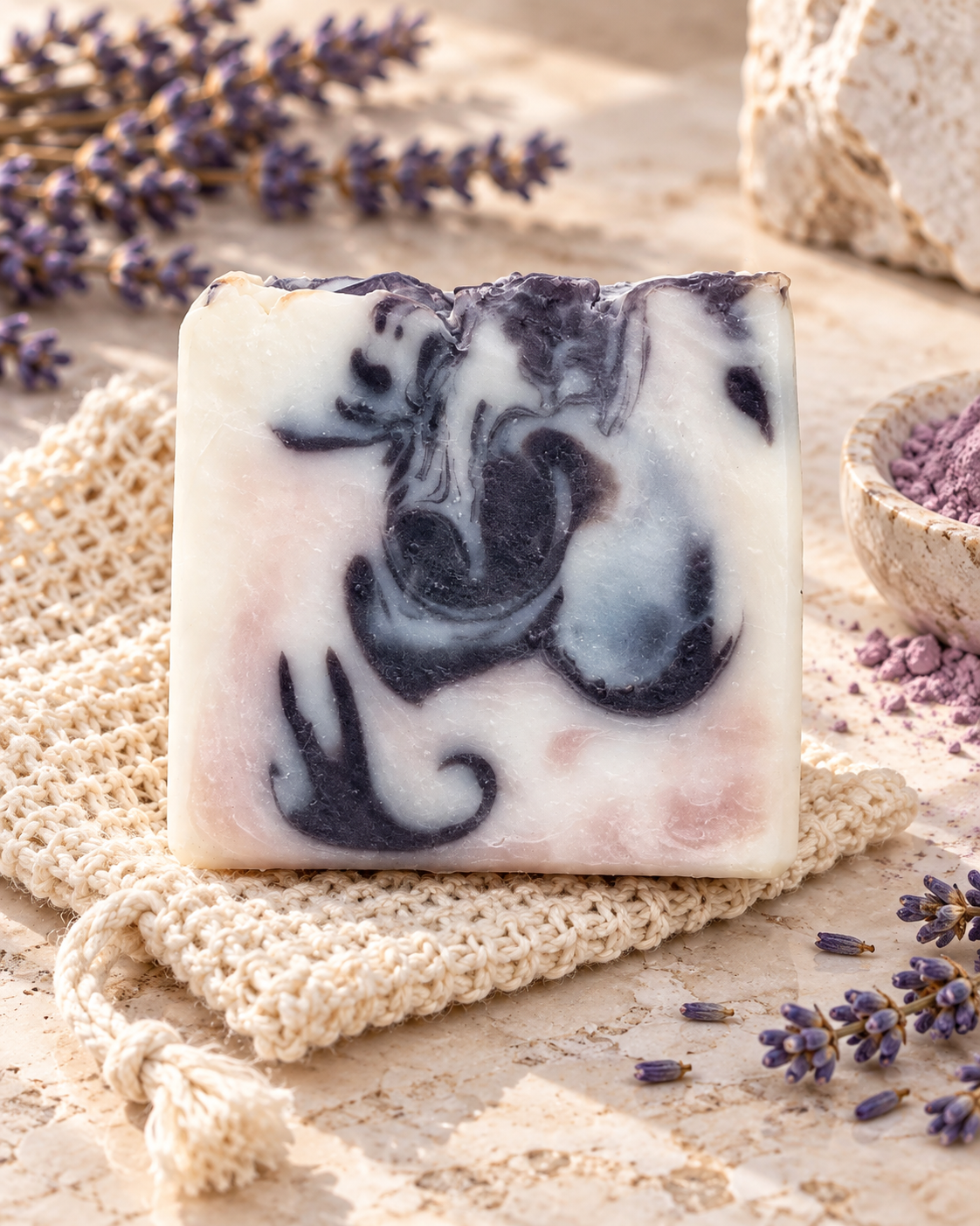 Purple Reign tallow purple clay lavender soap on travertine with woven soap saver