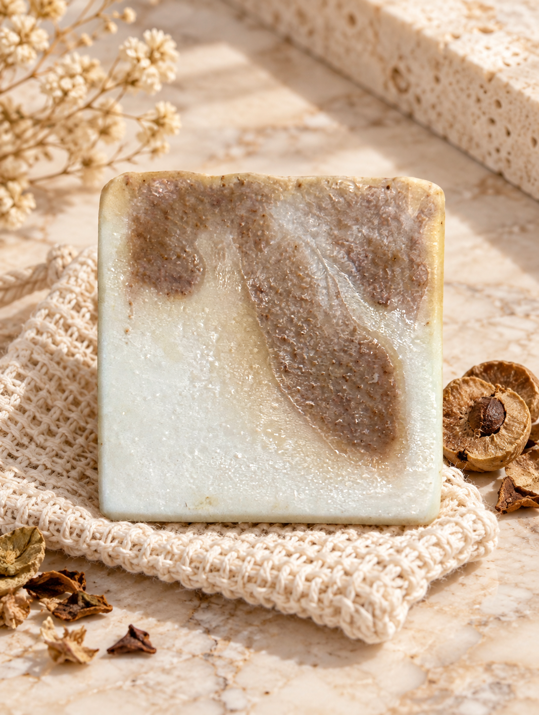 Radiant C Renewal tallow and amla soap on travertine with woven soap saver