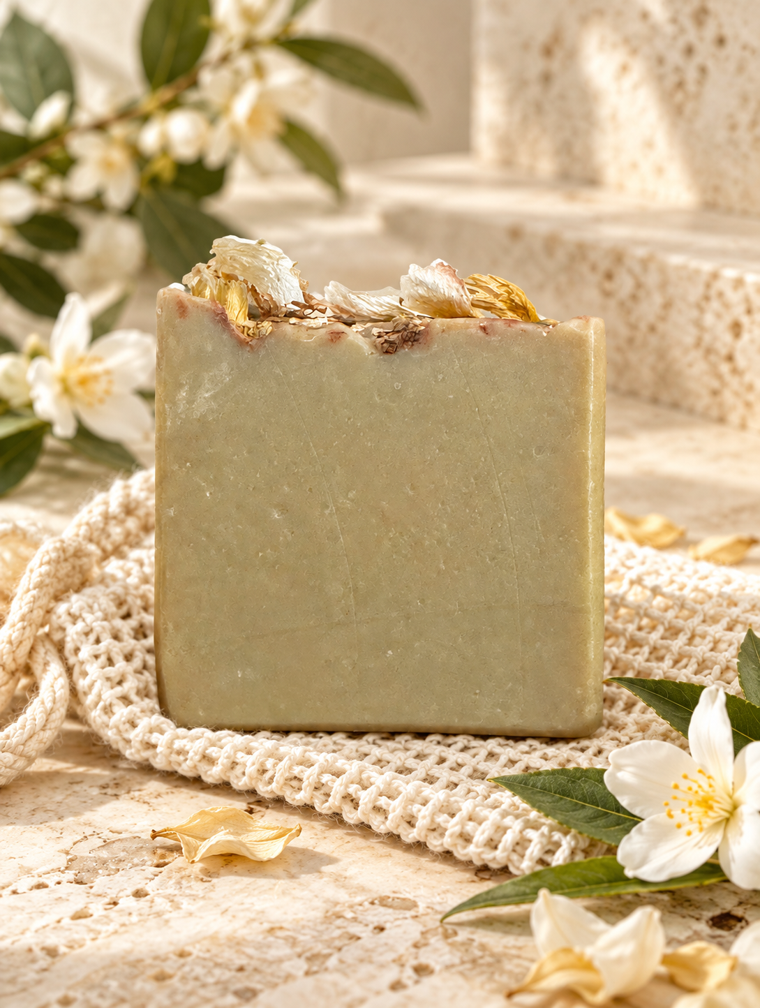 Bloom tallow blue spirulina jasmine soap on travertine with woven soap saver