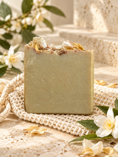 Bloom tallow blue spirulina jasmine soap on travertine with woven soap saver
