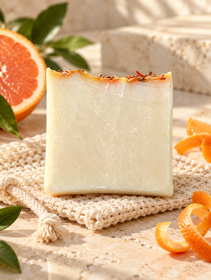 Citrus Sunrise tallow citrus soap on travertine with woven soap saver