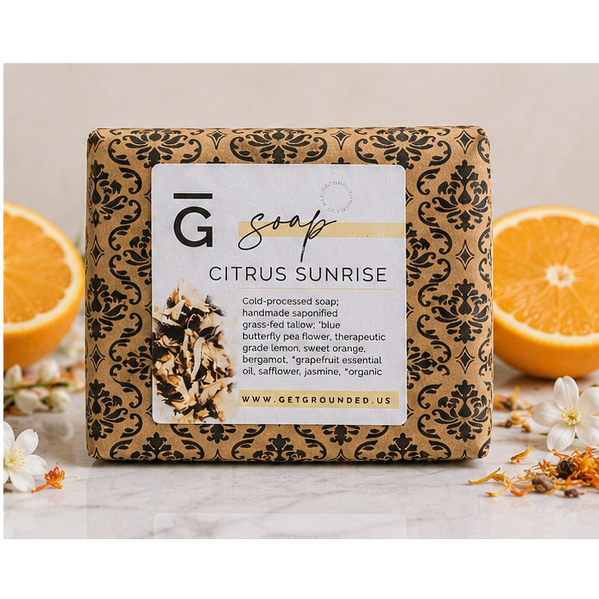 Grounded Citrus Sunrise soap wrapped retail packaging