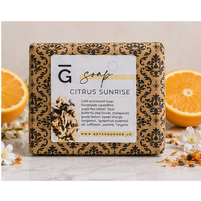 Grounded Citrus Sunrise soap wrapped retail packaging