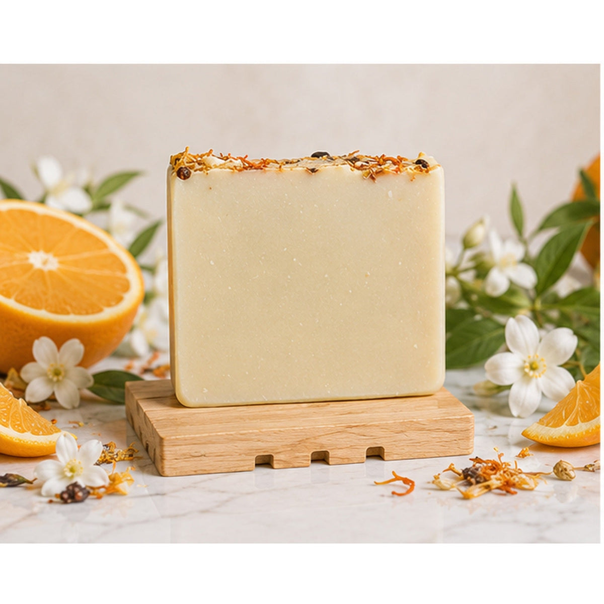 Grounded Citrus Sunrise soap styled with citrus and botanical accents