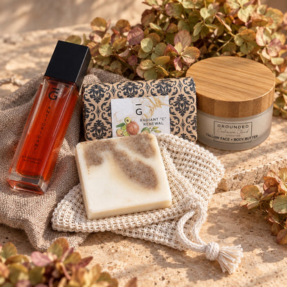 Complete Grounded Ritual - Antioxidant serum, Radiant C Renewal soap, jute bag, Cashmere Cloud butter