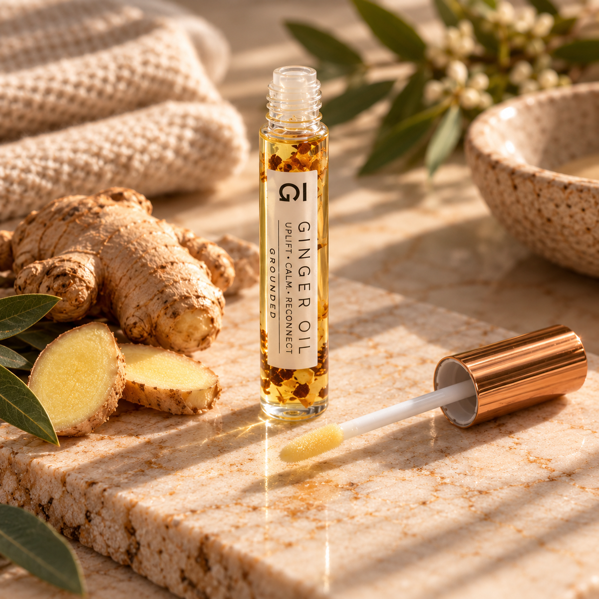 Grounded Ginger Oil aromatic oil wand with soft applicator, ginger root and botanicals