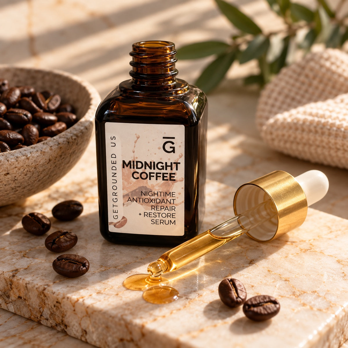 Grounded Holistic Apothecary Midnight Coffee nighttime face serum with coffee beans and dropper
