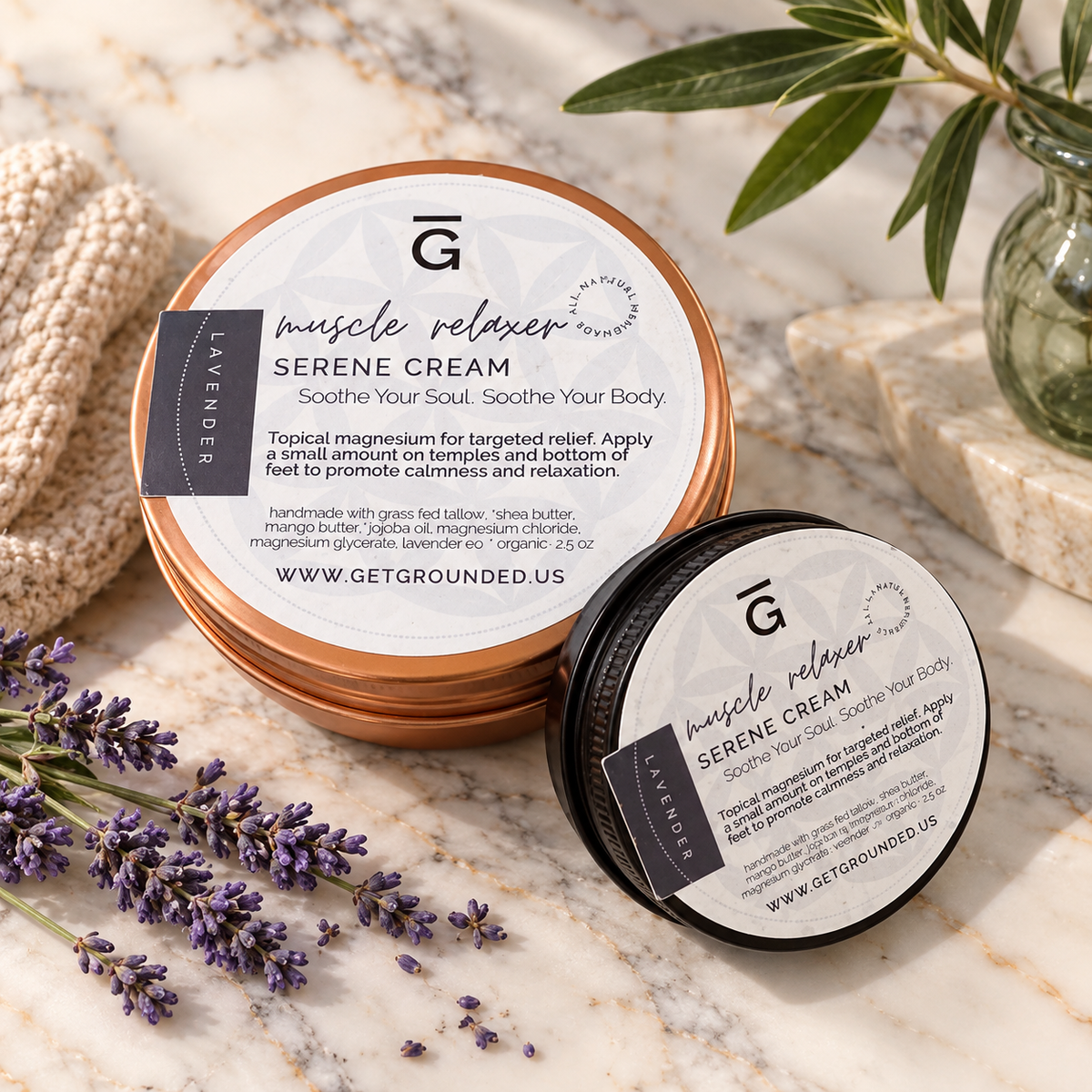 Grounded Serene Cream magnesium tallow cream with lavender, small and large sizes
