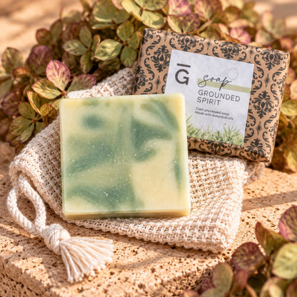 Grounded Spirit soap - unwrapped bar and wrapped package with jute bag