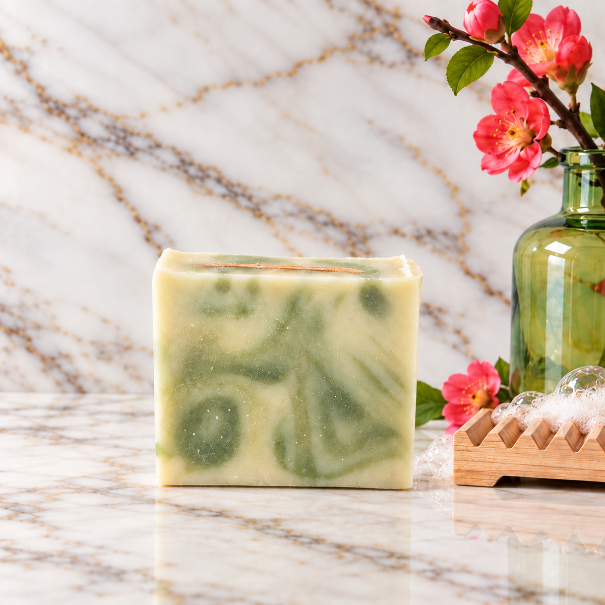 Grounded Spirit tallow soap with French green clay and lemongrass on Calacatta marble