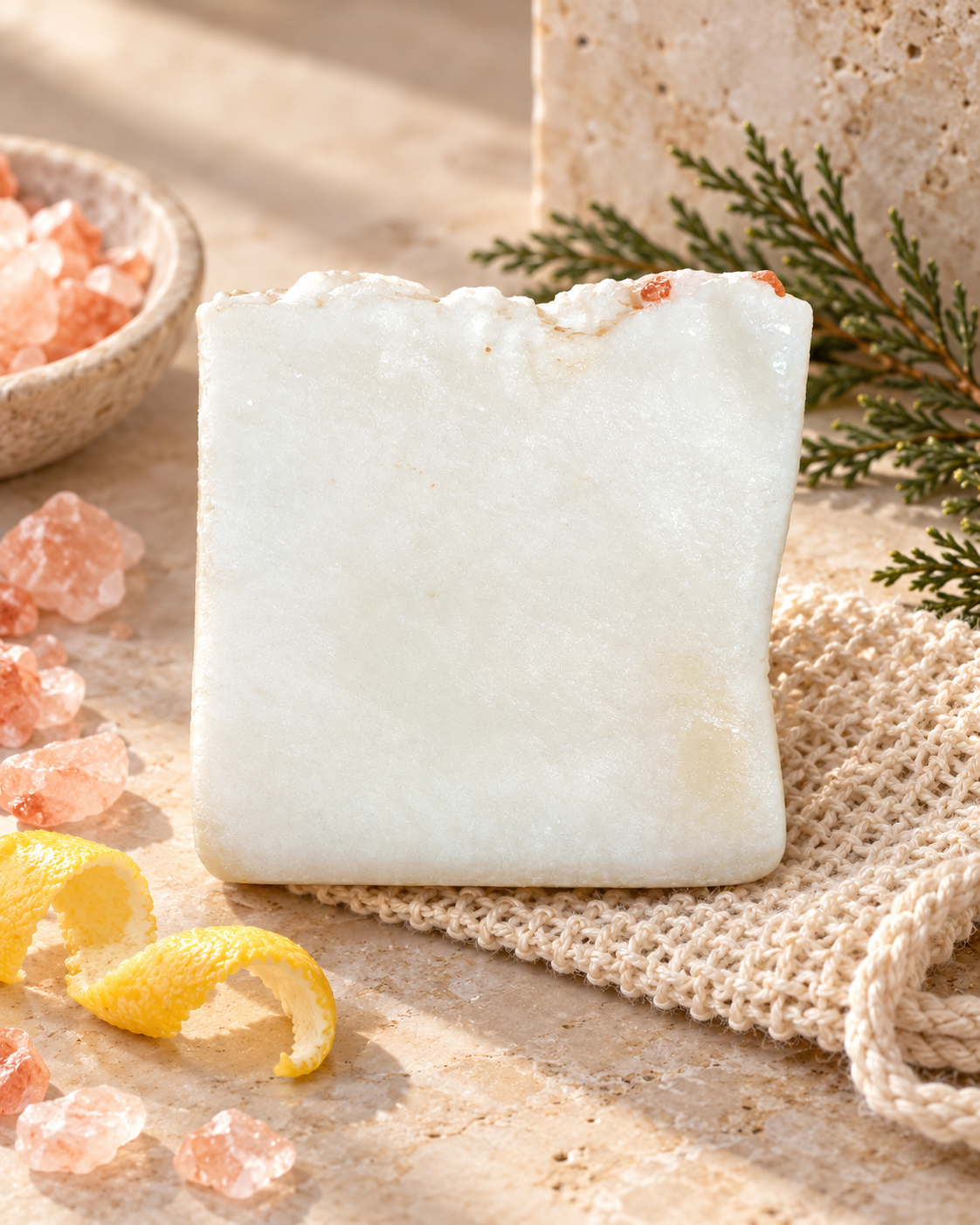 Himalayan Hope tallow Himalayan salt soap on travertine with woven soap saver