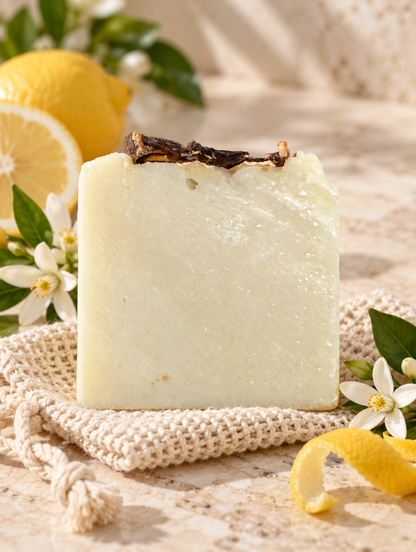Lemon Drop tallow lemon neroli soap on travertine with woven soap saver