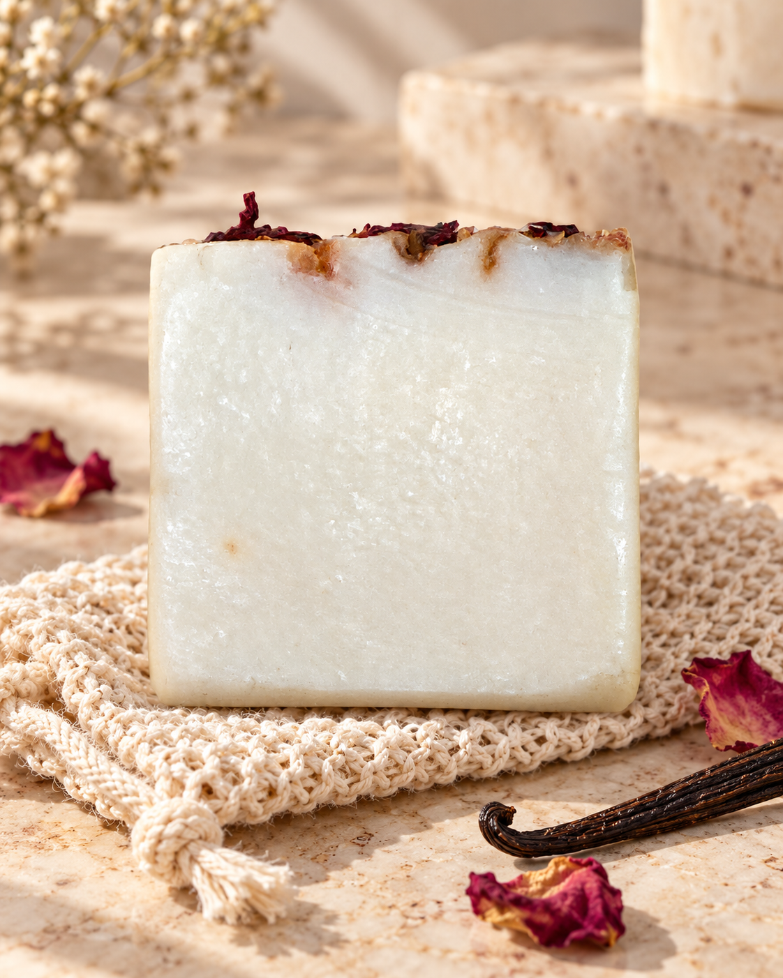 Nostalgia tallow vanilla rose soap on travertine with woven soap saver