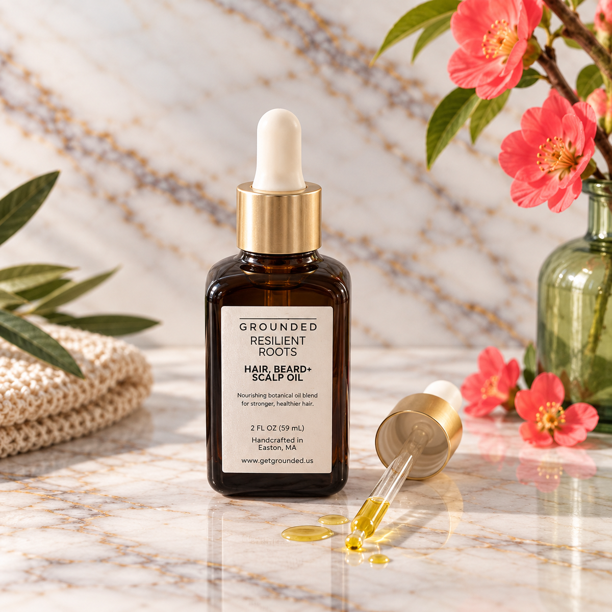 Grounded Resilient Roots Hair, Beard + Scalp Oil in amber dropper bottle