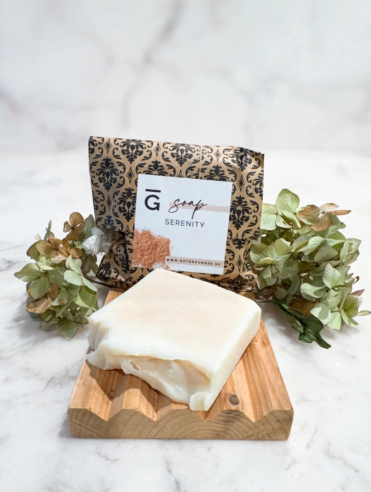Serenity tallow soap bar with baobab and sandalwood on marble