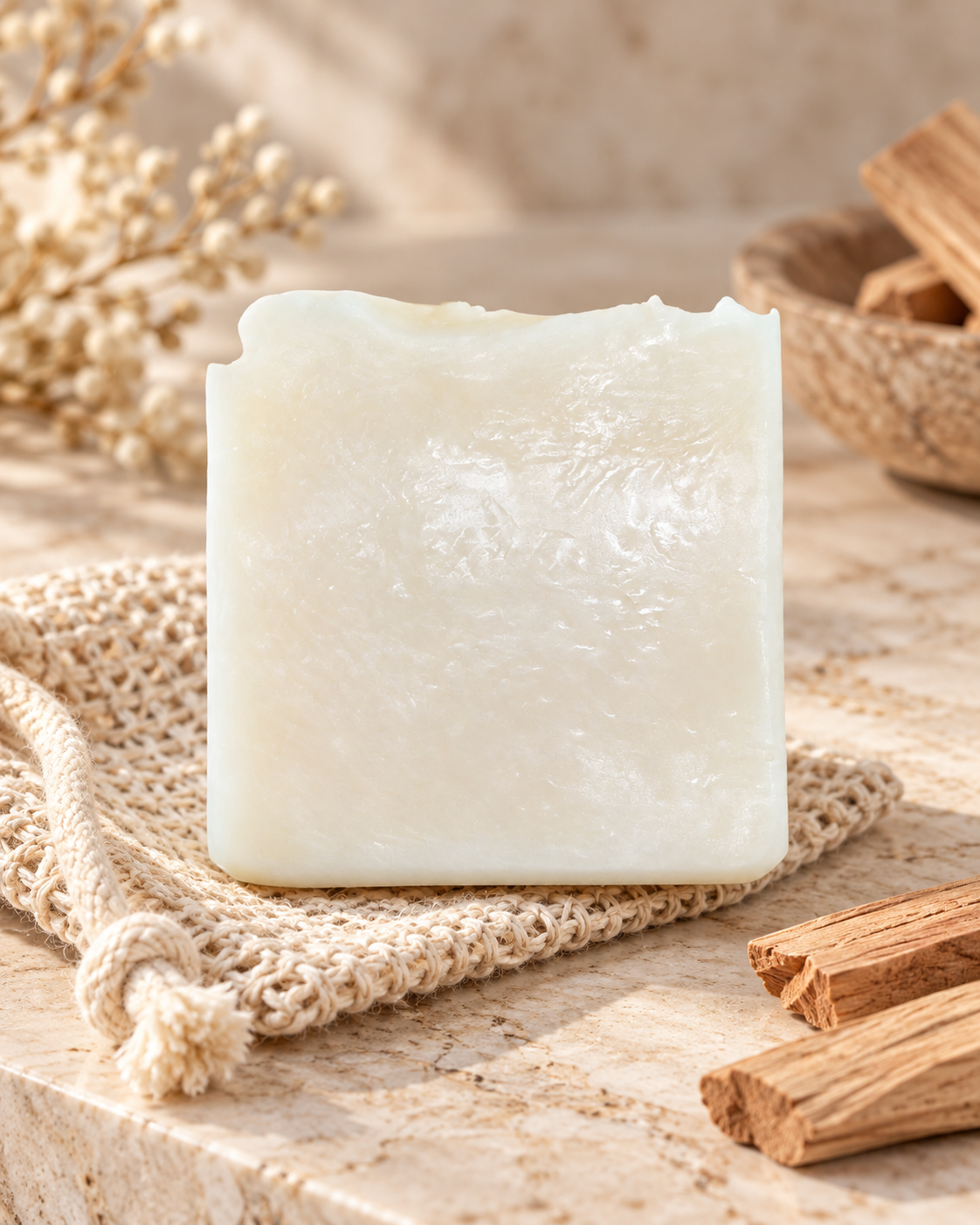 Serenity tallow baobab sandalwood soap on travertine with woven soap saver