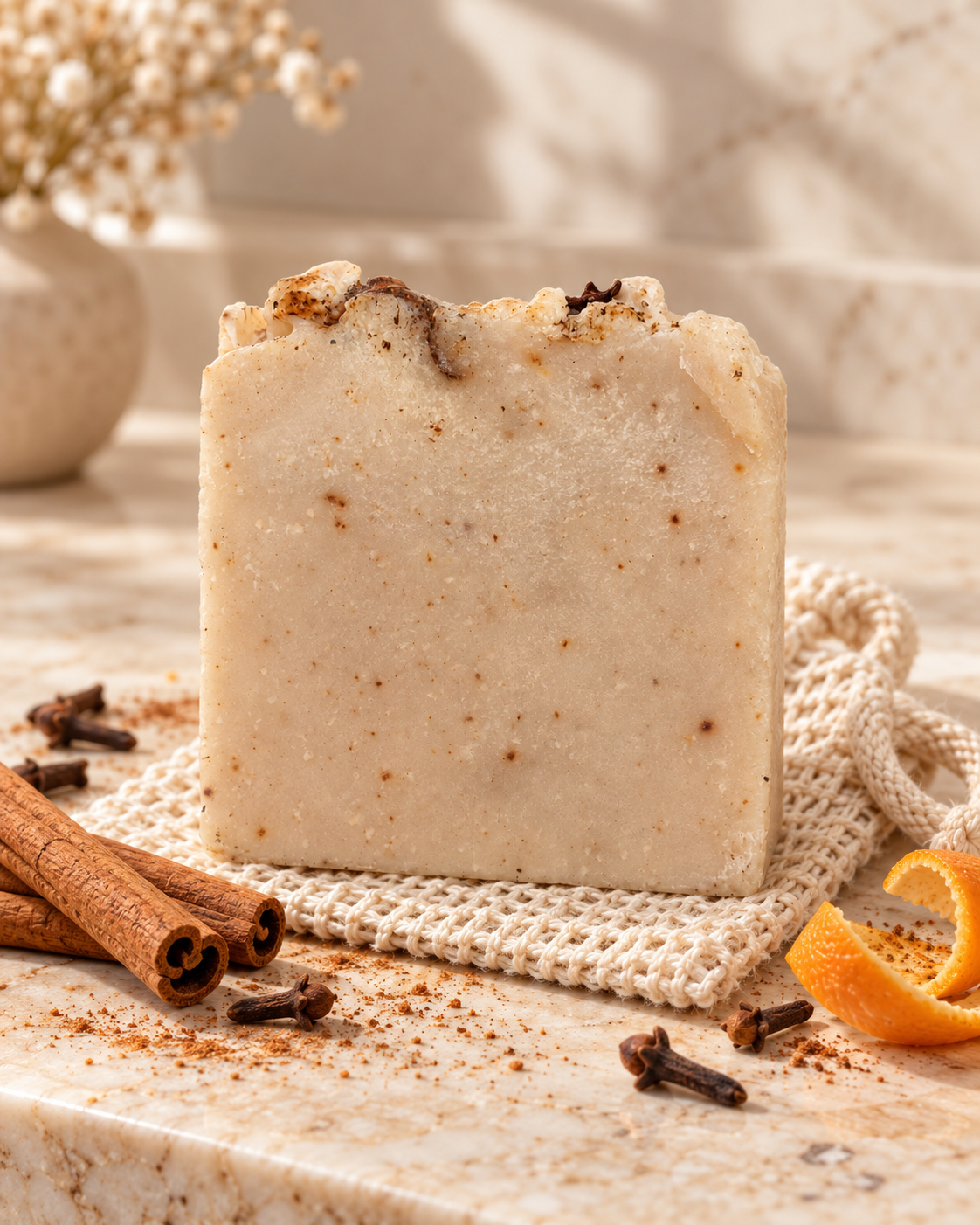 Spiced Harvest tallow autumn spice soap on travertine with woven soap saver