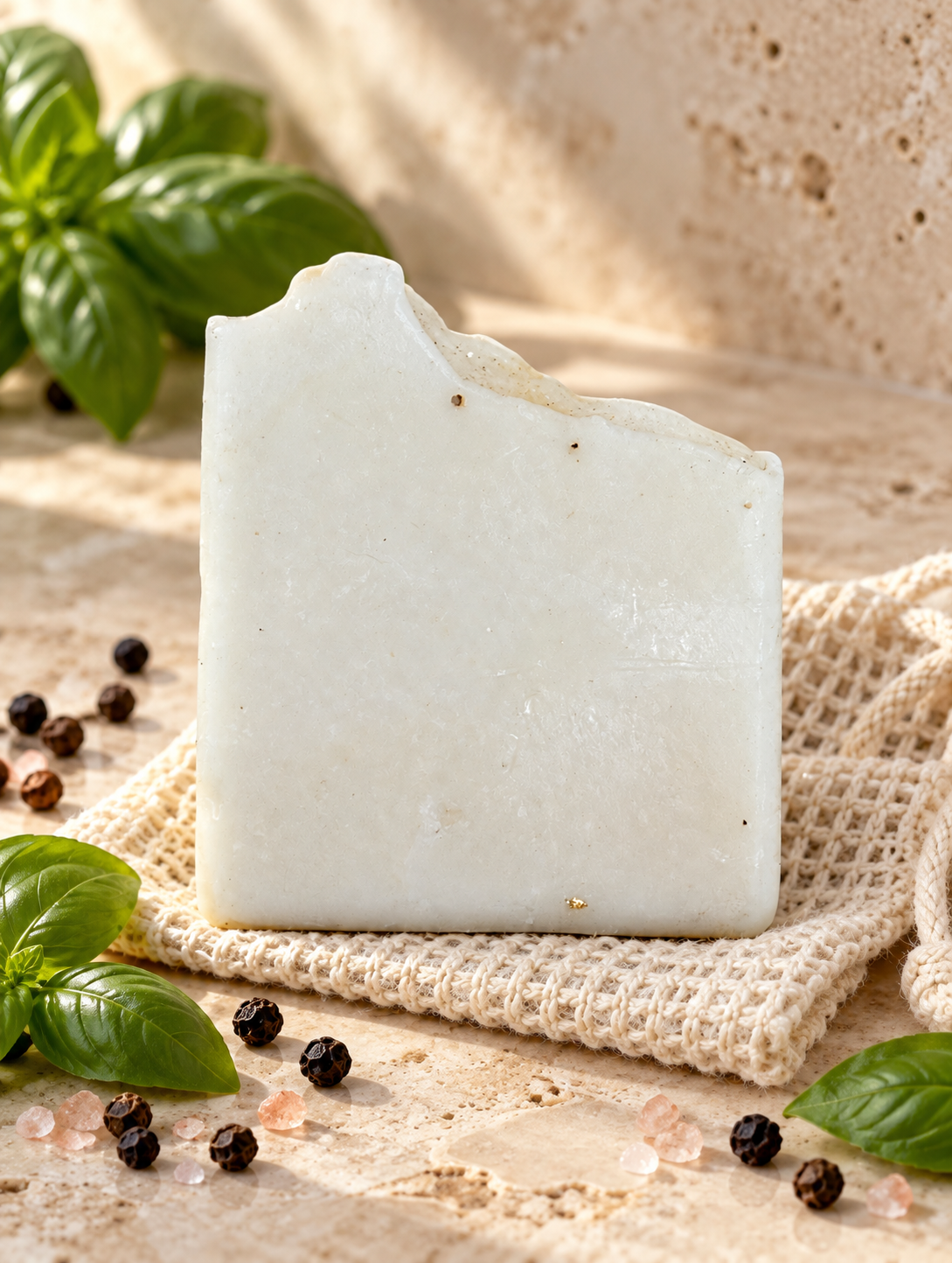 Zenergy tallow basil black pepper soap on travertine with woven soap saver